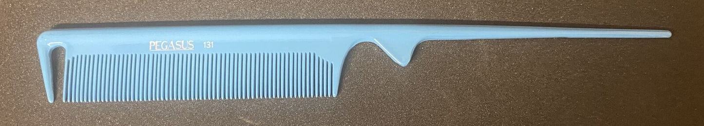 Pegasus 131 Fine Teeth Tail Comb with Sectioning Hook & Grip - Blue