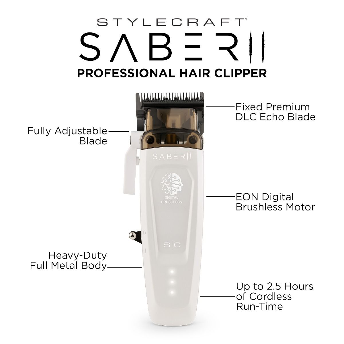 NEW StyleCraft Saber 2.0 Digital Brushless Motor Clipper - White