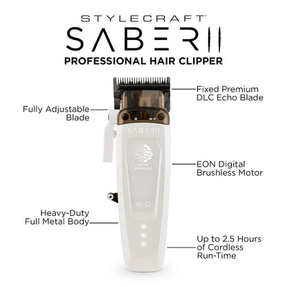 NEW StyleCraft Saber 2.0 Digital Brushless Motor Clipper - White
